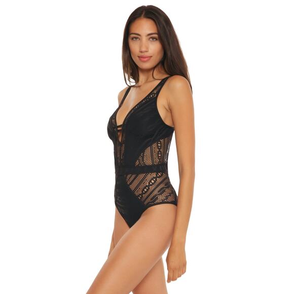Becca Color Play Plunge Black Lace Open Back One Piece Swimsuit Size Medium - Picture 2 of 12